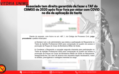 Associado tem direito garantido de fazer o TAF do CBMGO de 2020 após ficar fora por estar com COVID no dia da aplicação do teste
