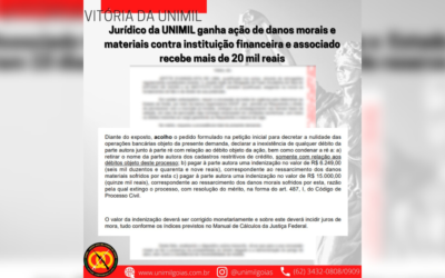 Jurídico da UNIMIL ganha ação por danos morais e materiais contra instituição financeira e associado recebe mais de 20 mil reais