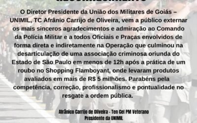 Presidente da UNIMIL externa agradecimento à PMGO e aos policiais envolvidos na resolução do roubo no Shopping Flamboyant
